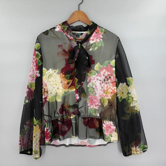Lauren Ralph Lauren Georgette Blouse Medium Floral Sheer Bloomcore Fairy - Picture 1 of 16